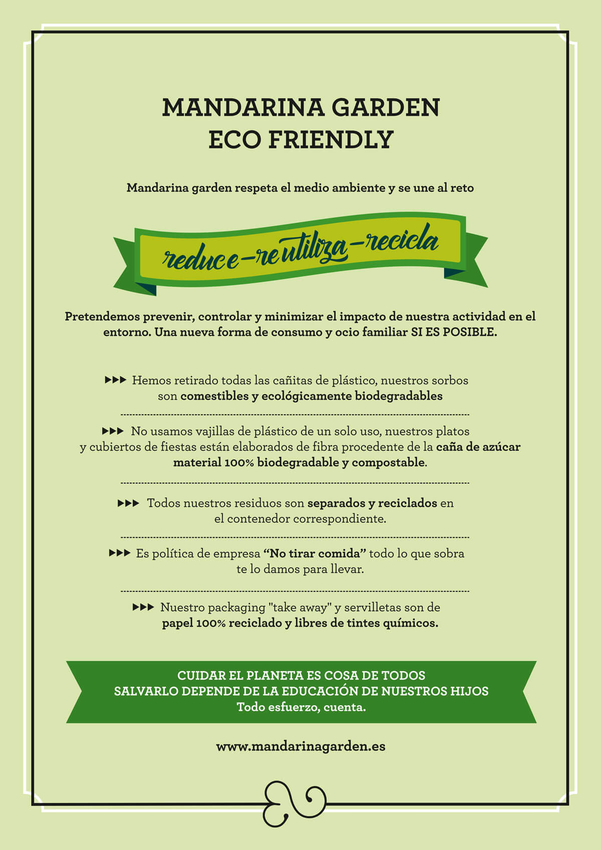 Política de empresa de Mandarina garden para sostenibilidad medioambiental