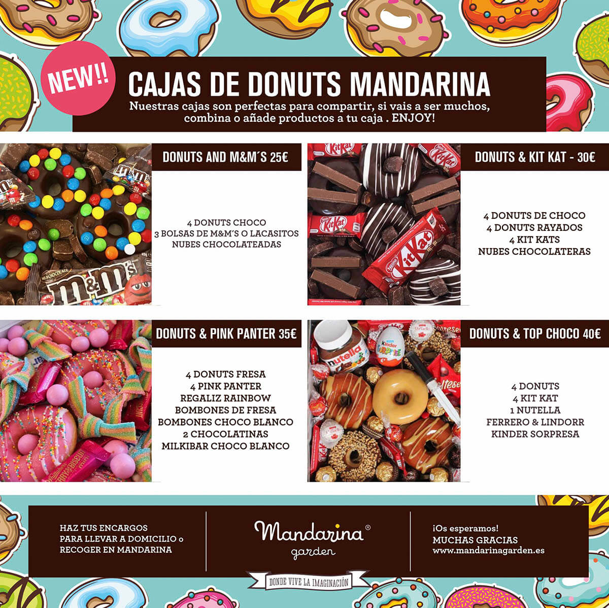 Mandarina garden Delivery. Super original Donut boxes. For true donut fans, kit-kat, Pink Panther ...