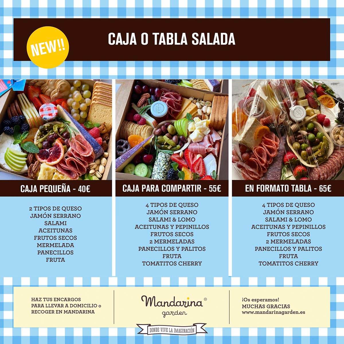 Mandarina garden Delivery. Boxes or salty tables to share or to give a big surprise